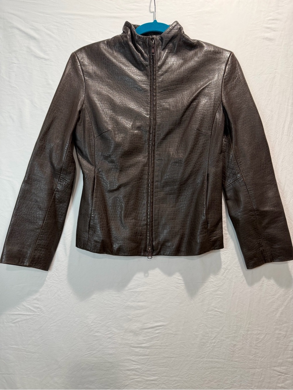 Express Dark Brown Croc-Embossed Faux Leather Zip Jacket Y2K 90s